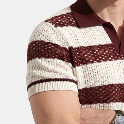 Men's Striped Knit Polo Shirt Short-Sleeve Collared Ribbed Knitted Casual Smart-Casual Everyday Leon