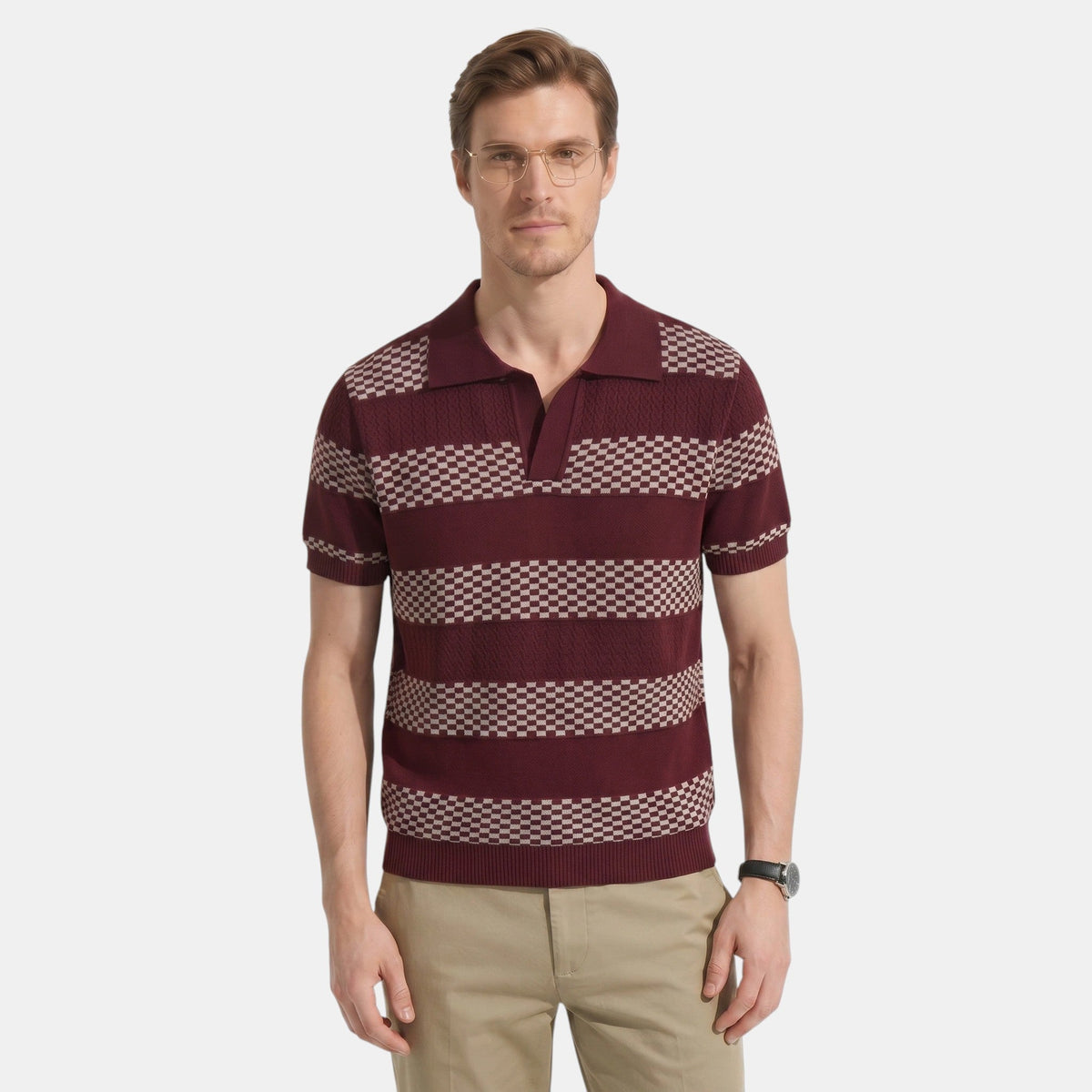 Men's Striped Knit Polo Shirt Short-Sleeve Collared Ribbed Knitted Casual Smart-Casual Everyday Leon
