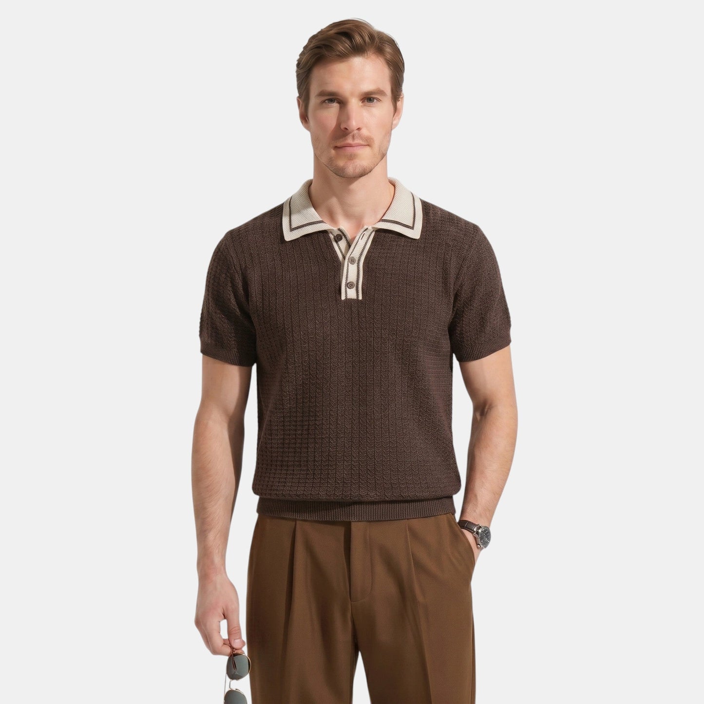 Men's Striped Knit Polo Shirt Short-Sleeve Collared Ribbed Knitted Casual Smart-Casual Everyday Leon