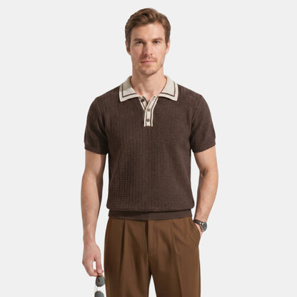 Men's Striped Knit Polo Shirt Short-Sleeve Collared Ribbed Knitted Casual Smart-Casual Everyday Leon