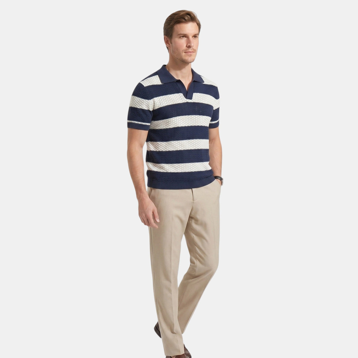 Men's Striped Knit Polo Shirt Short-Sleeve Collared Ribbed Knitted Casual Smart-Casual Everyday Leon