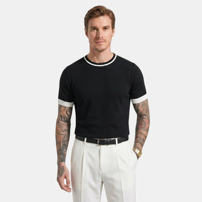 Men's Striped Knit Polo Shirt Short-Sleeve Collared Ribbed Knitted Casual Smart-Casual Everyday Leon