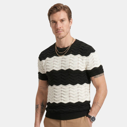 Men's Striped Knit Polo Shirt Short-Sleeve Collared Ribbed Knitted Casual Smart-Casual Everyday Leon