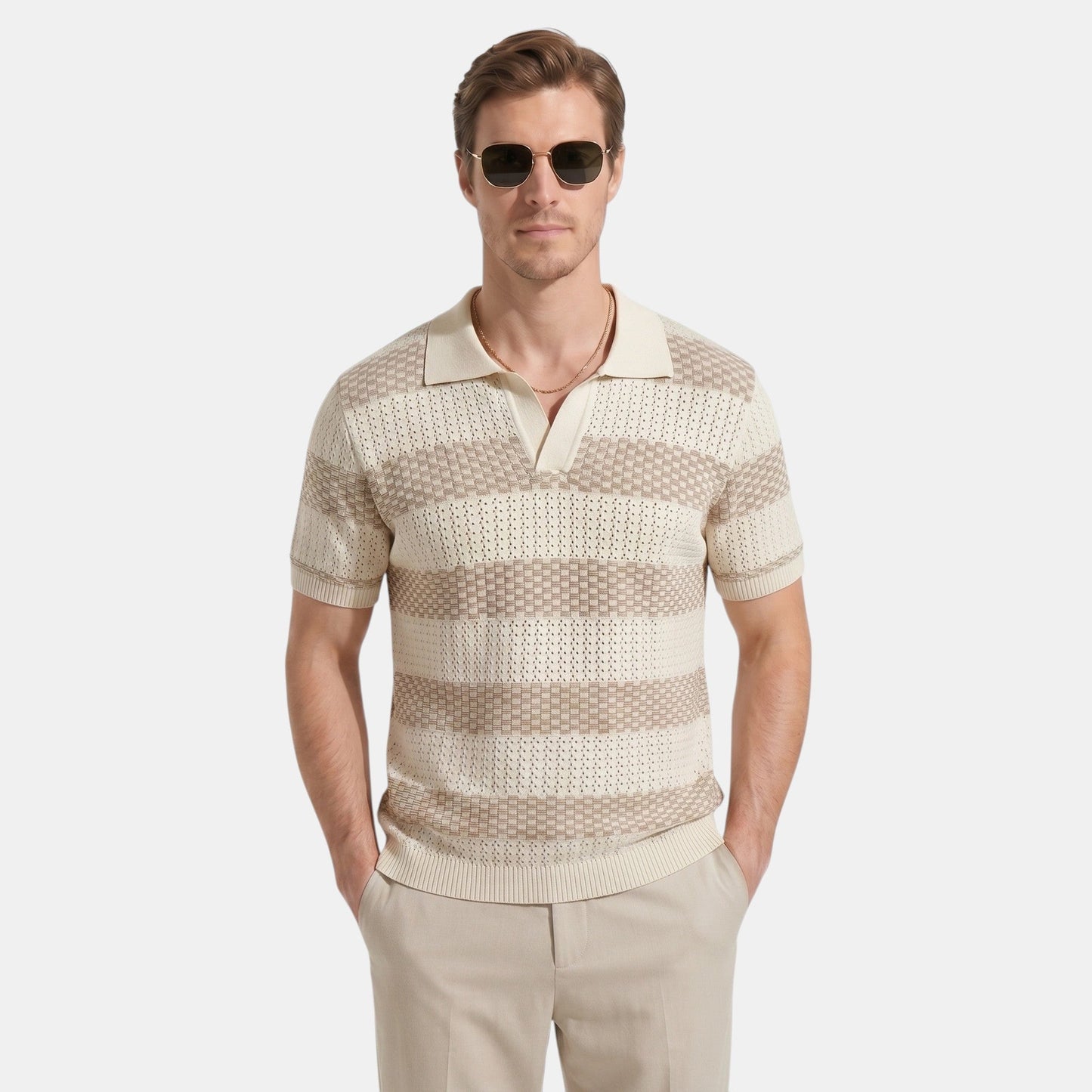 Men's Striped Knit Polo Shirt Short-Sleeve Collared Ribbed Knitted Casual Smart-Casual Everyday Leon