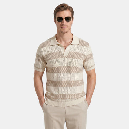 Men's Striped Knit Polo Shirt Short-Sleeve Collared Ribbed Knitted Casual Smart-Casual Everyday Leon