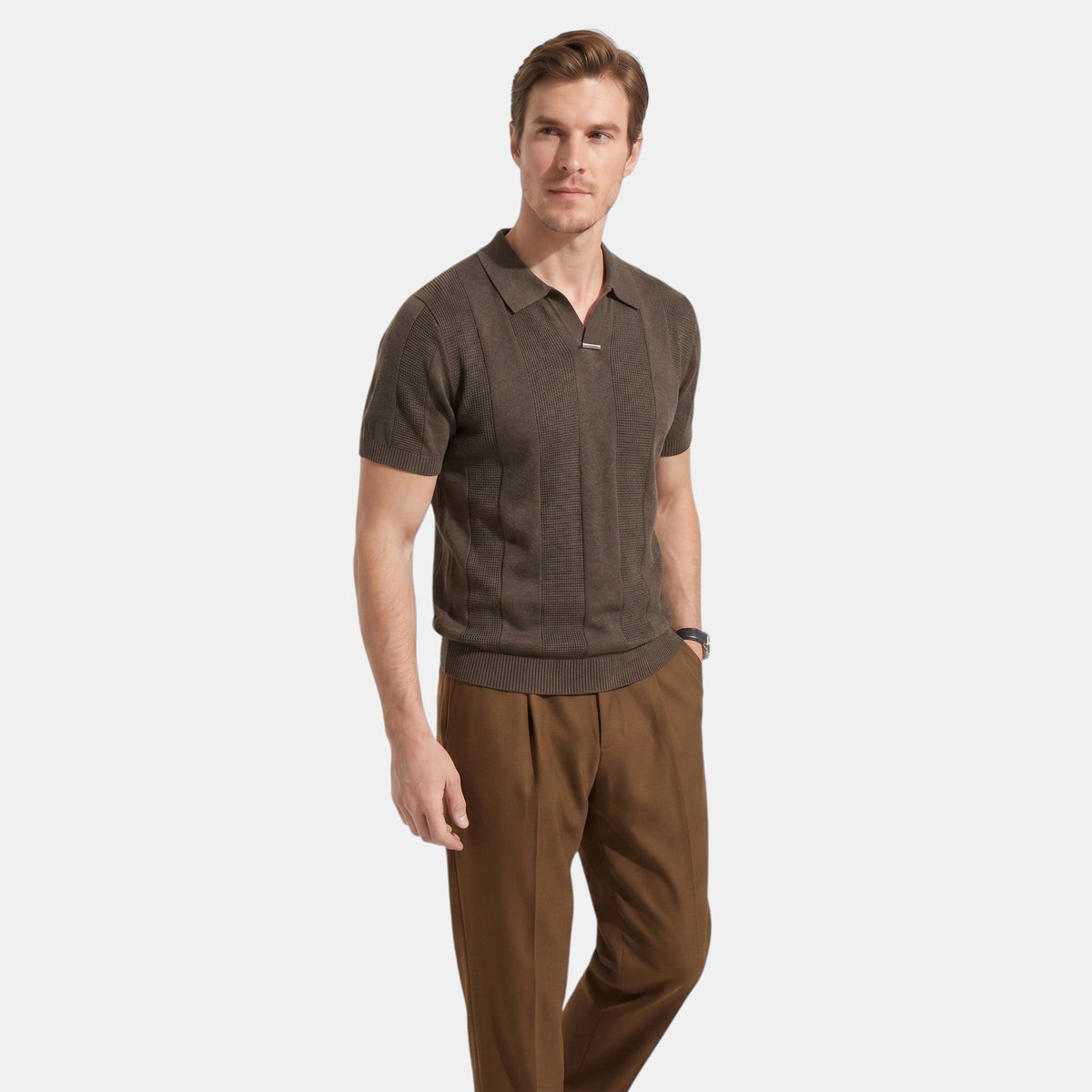 Men's Striped Knit Polo Shirt Short-Sleeve Collared Ribbed Knitted Casual Smart-Casual Everyday Leon