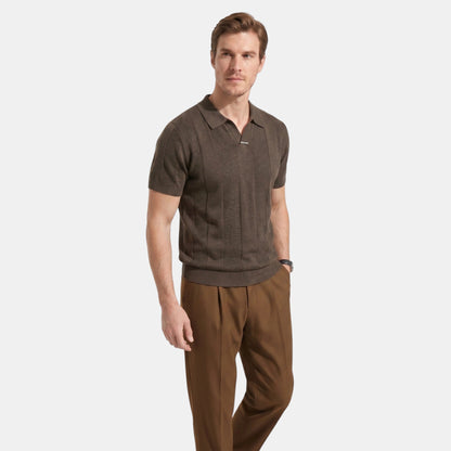 Men's Striped Knit Polo Shirt Short-Sleeve Collared Ribbed Knitted Casual Smart-Casual Everyday Leon