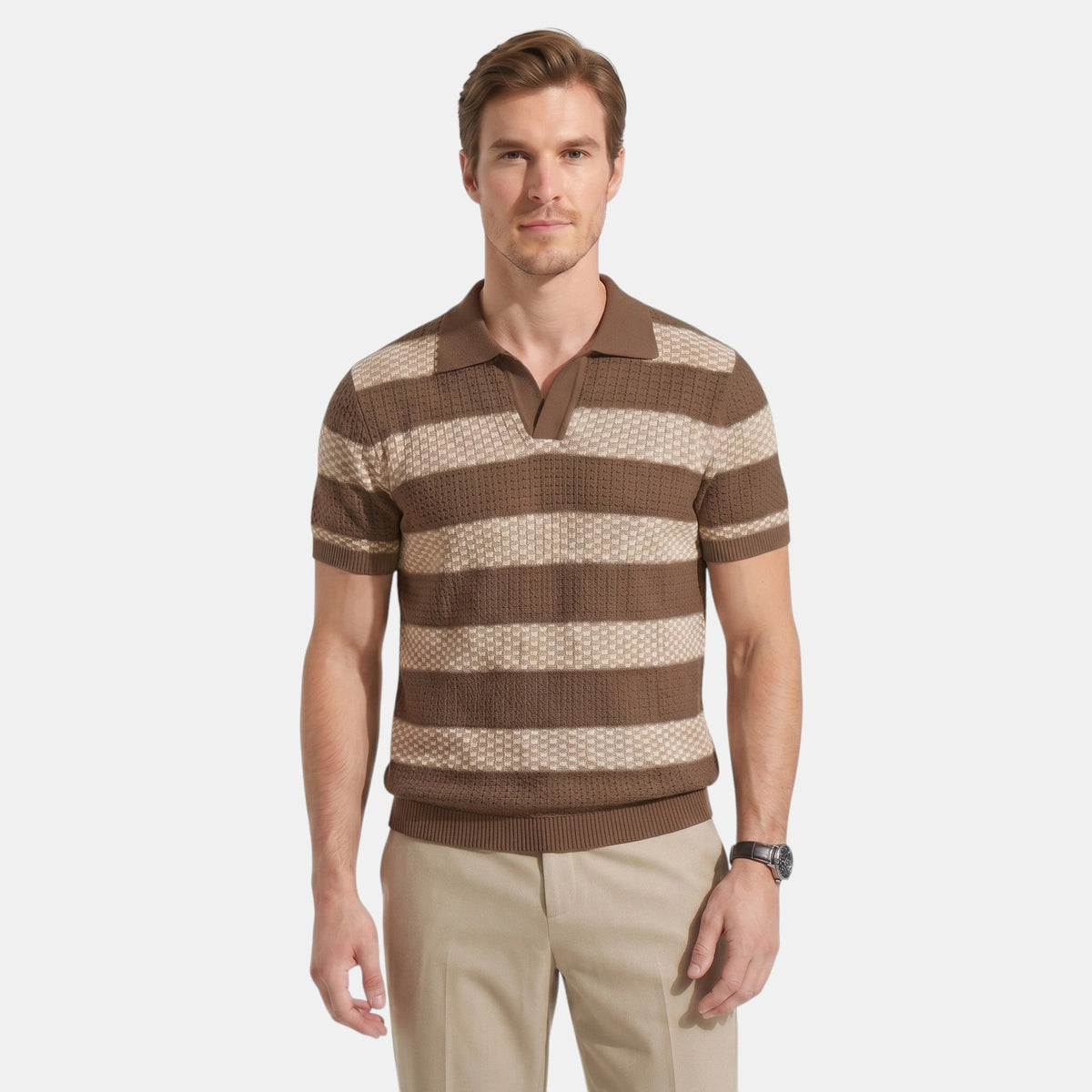 Men's Striped Knit Polo Shirt Short-Sleeve Collared Ribbed Knitted Casual Smart-Casual Everyday Leon
