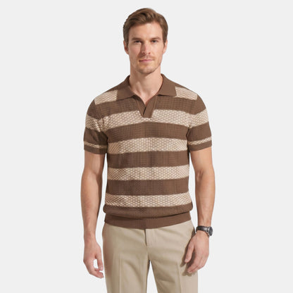 Men's Striped Knit Polo Shirt Short-Sleeve Collared Ribbed Knitted Casual Smart-Casual Everyday Leon