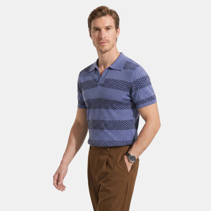 Men's Striped Knit Polo Shirt Short-Sleeve Collared Ribbed Knitted Casual Smart-Casual Everyday Leon