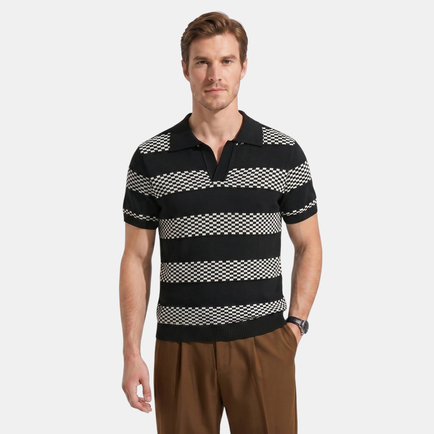 Men's Striped Knit Polo Shirt Short-Sleeve Collared Ribbed Knitted Casual Smart-Casual Everyday Leon