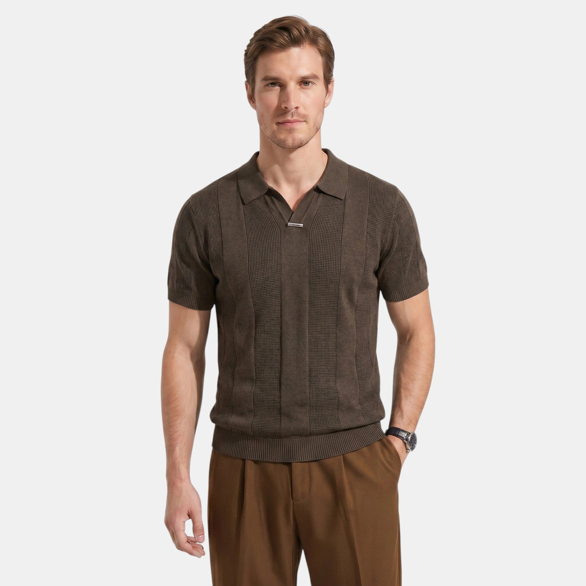 Men's Striped Knit Polo Shirt Short-Sleeve Collared Ribbed Knitted Casual Smart-Casual Everyday Leon