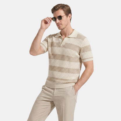 Men's Striped Knit Polo Shirt Short-Sleeve Collared Ribbed Knitted Casual Smart-Casual Everyday Leon