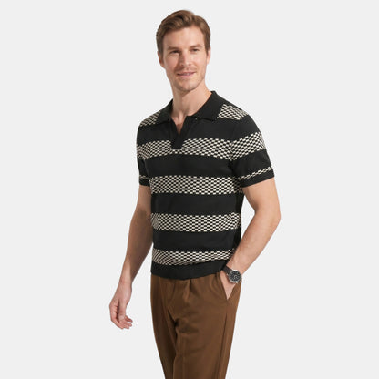 Men's Striped Knit Polo Shirt Short-Sleeve Collared Ribbed Knitted Casual Smart-Casual Everyday Leon