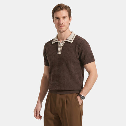Men's Striped Knit Polo Shirt Short-Sleeve Collared Ribbed Knitted Casual Smart-Casual Everyday Leon