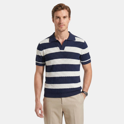 Men's Striped Knit Polo Shirt Short-Sleeve Collared Ribbed Knitted Casual Smart-Casual Everyday Leon