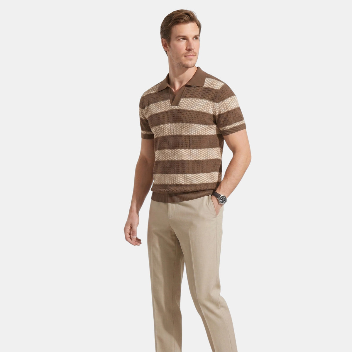 Men's Striped Knit Polo Shirt Short-Sleeve Collared Ribbed Knitted Casual Smart-Casual Everyday Leon