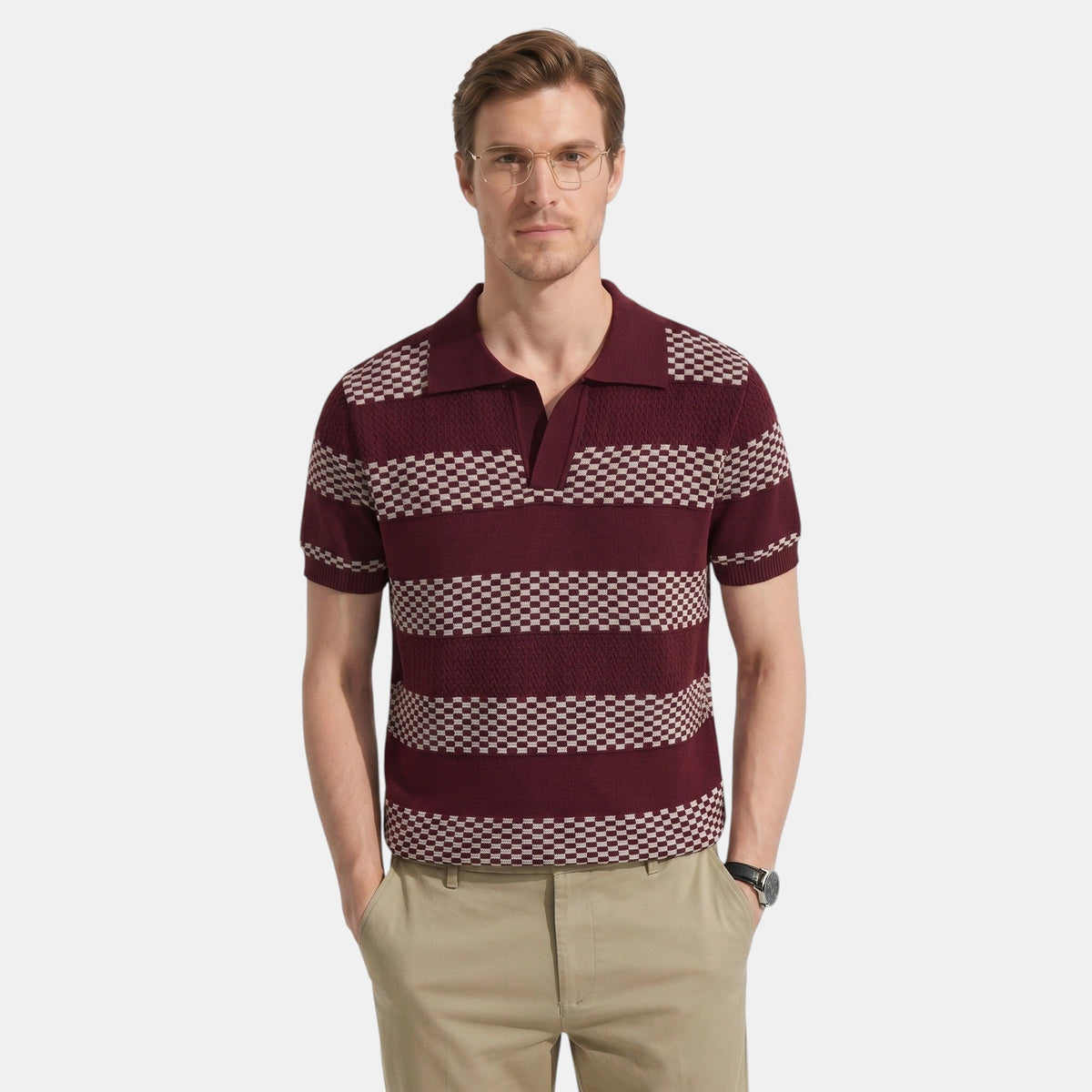 Men's Striped Knit Polo Shirt Short-Sleeve Collared Ribbed Knitted Casual Smart-Casual Everyday Leon
