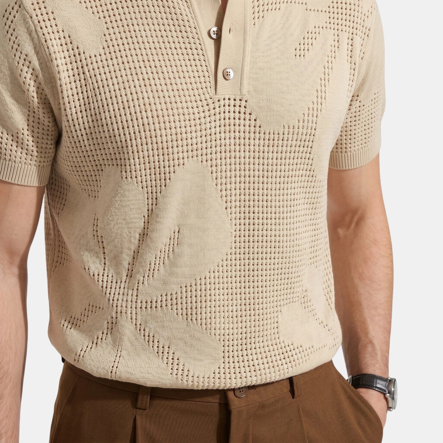 Men's Striped Knit Polo Shirt Short-Sleeve Collared Ribbed Knitted Casual Smart-Casual Everyday Leon