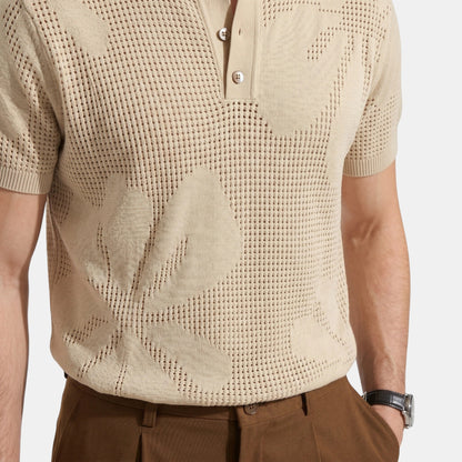 Men's Striped Knit Polo Shirt Short-Sleeve Collared Ribbed Knitted Casual Smart-Casual Everyday Leon