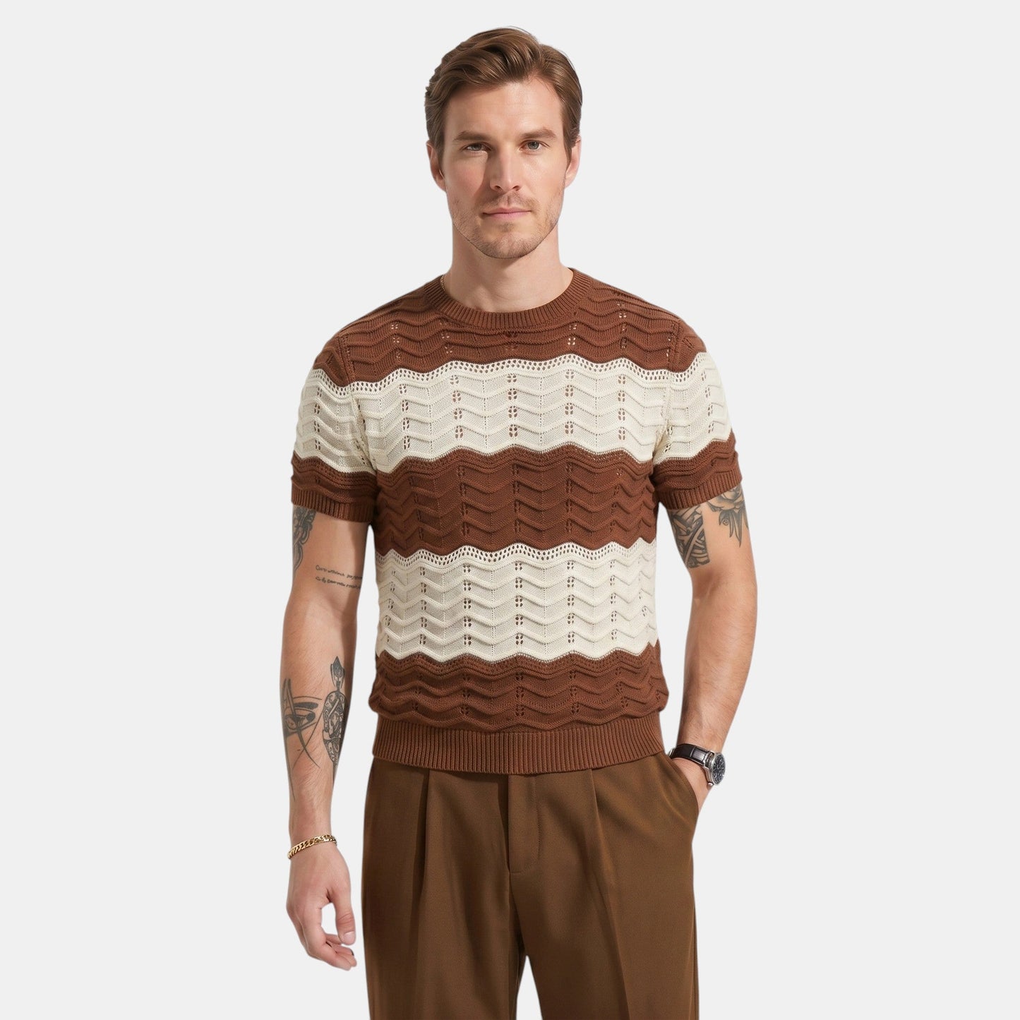 Men's Striped Knit Polo Shirt Short-Sleeve Collared Ribbed Knitted Casual Smart-Casual Everyday Leon