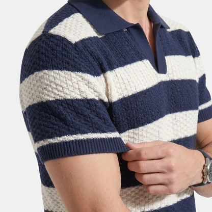Men's Striped Knit Polo Shirt Short-Sleeve Collared Ribbed Knitted Casual Smart-Casual Everyday Leon