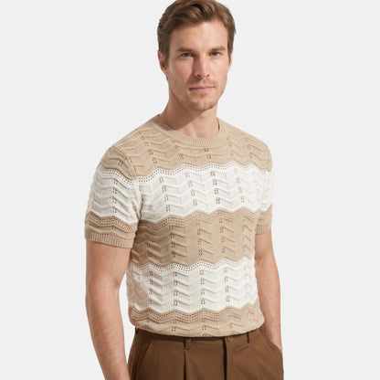 Men's Striped Knit Polo Shirt Short-Sleeve Collared Ribbed Knitted Casual Smart-Casual Everyday Leon