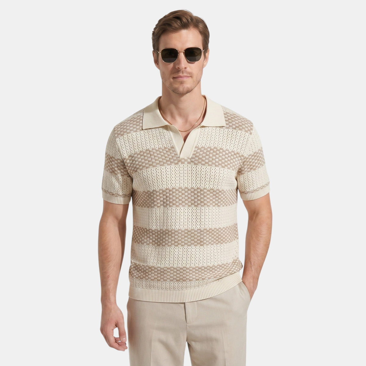 Men's Striped Knit Polo Shirt Short-Sleeve Collared Ribbed Knitted Casual Smart-Casual Everyday Leon