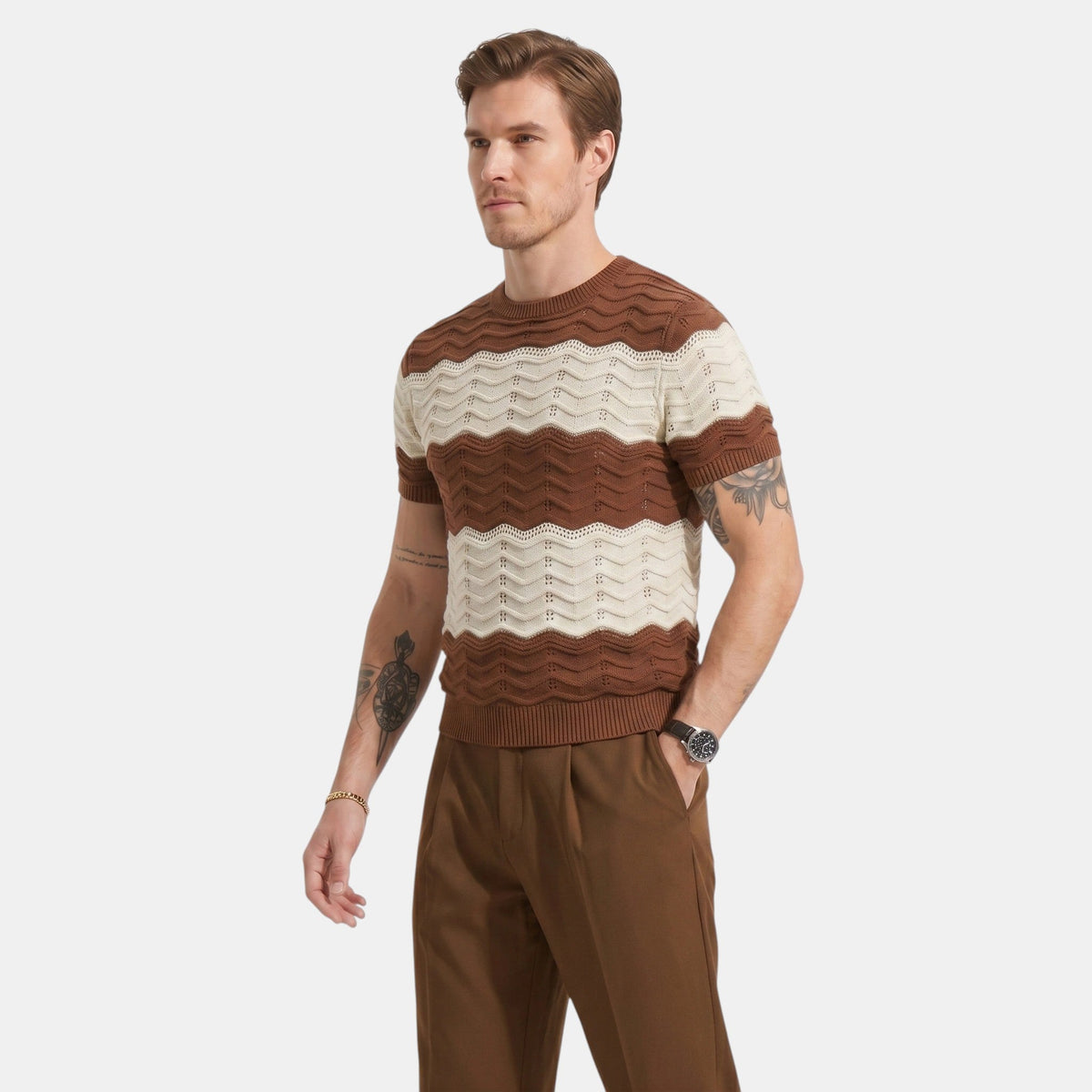Men's Striped Knit Polo Shirt Short-Sleeve Collared Ribbed Knitted Casual Smart-Casual Everyday Leon