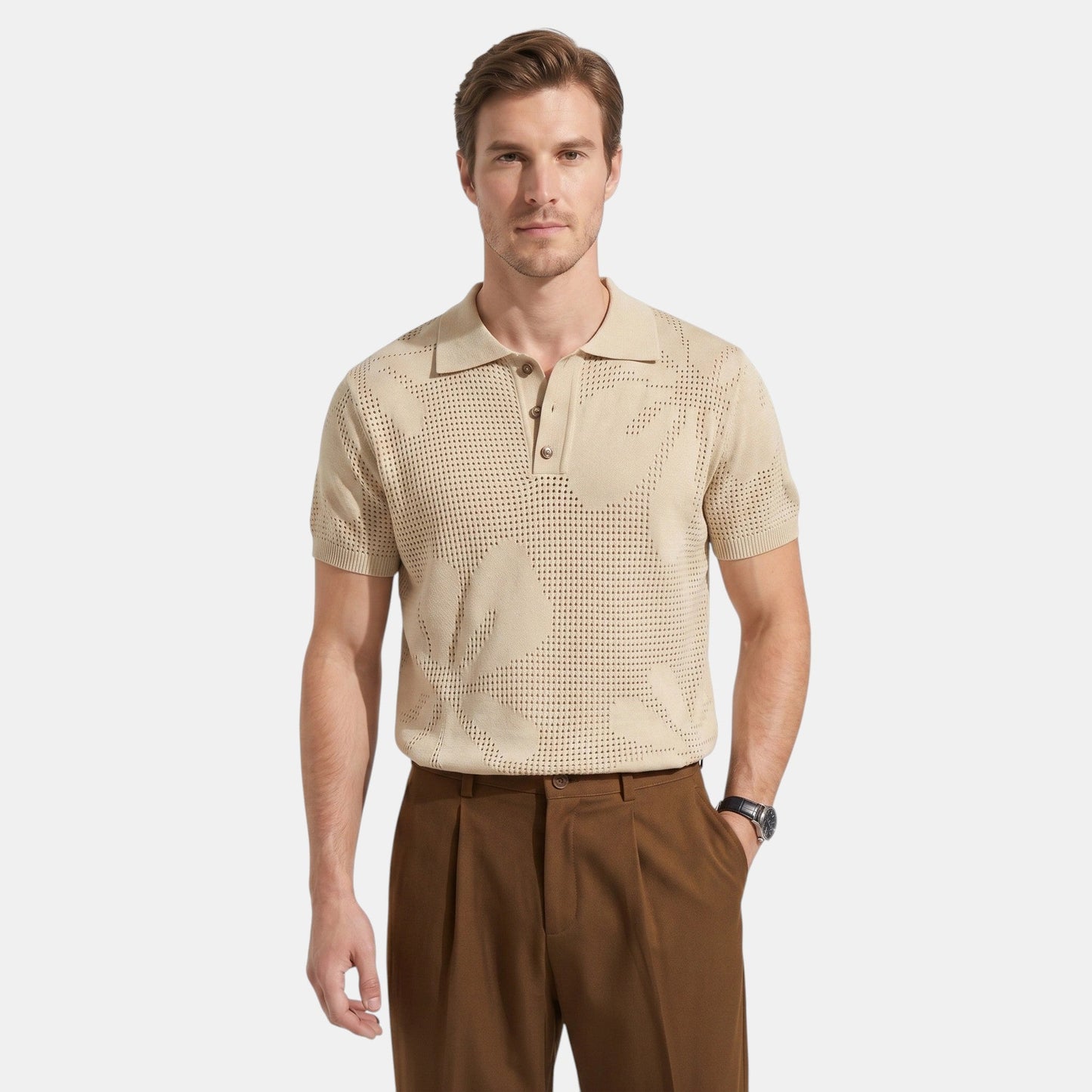 Men's Striped Knit Polo Shirt Short-Sleeve Collared Ribbed Knitted Casual Smart-Casual Everyday Leon