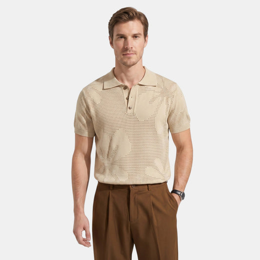 Men's Striped Knit Polo Shirt Short-Sleeve Collared Ribbed Knitted Casual Smart-Casual Everyday Leon