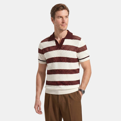 Men's Striped Knit Polo Shirt Short-Sleeve Collared Ribbed Knitted Casual Smart-Casual Everyday Leon