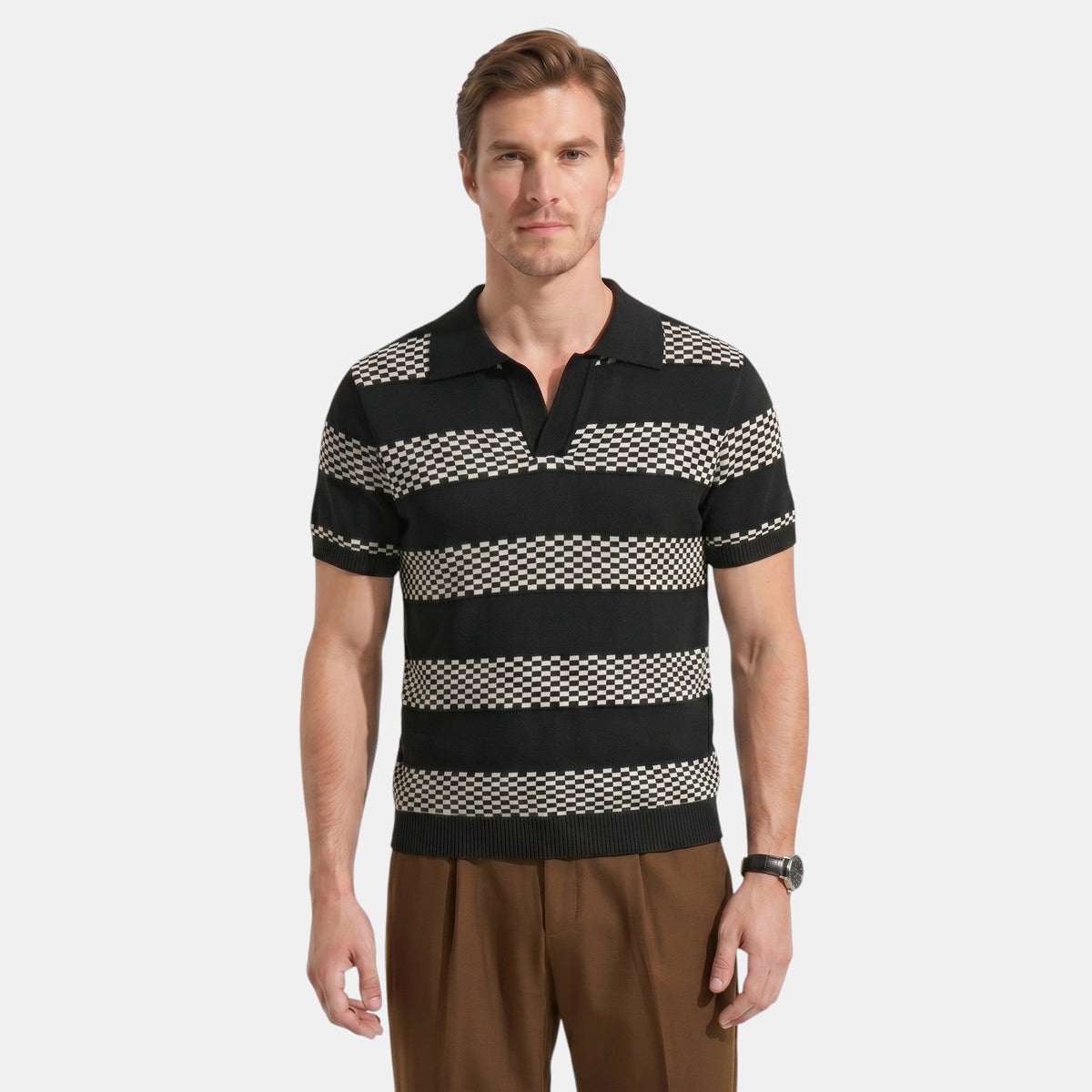 Men's Striped Knit Polo Shirt Short-Sleeve Collared Ribbed Knitted Casual Smart-Casual Everyday Leon
