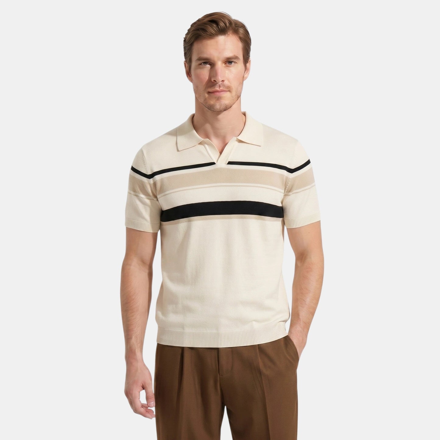 Men's Striped Knit Polo Shirt Short-Sleeve Collared Ribbed Knitted Casual Smart-Casual Everyday Leon