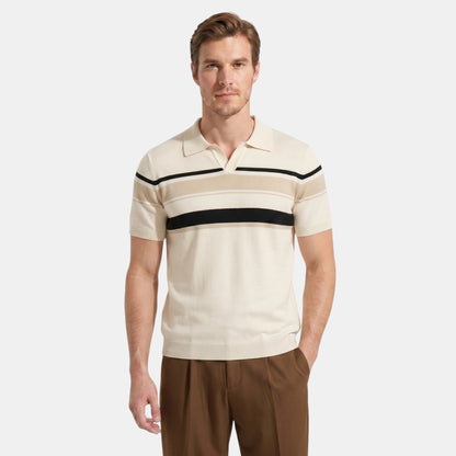 Men's Striped Knit Polo Shirt Short-Sleeve Collared Ribbed Knitted Casual Smart-Casual Everyday Leon