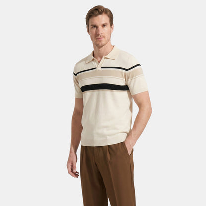 Men's Striped Knit Polo Shirt Short-Sleeve Collared Ribbed Knitted Casual Smart-Casual Everyday Leon