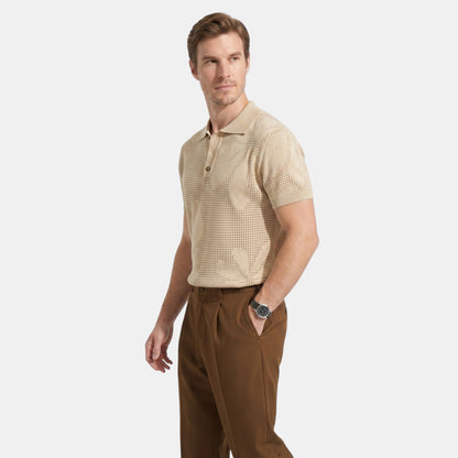 Men's Striped Knit Polo Shirt Short-Sleeve Collared Ribbed Knitted Casual Smart-Casual Everyday Leon