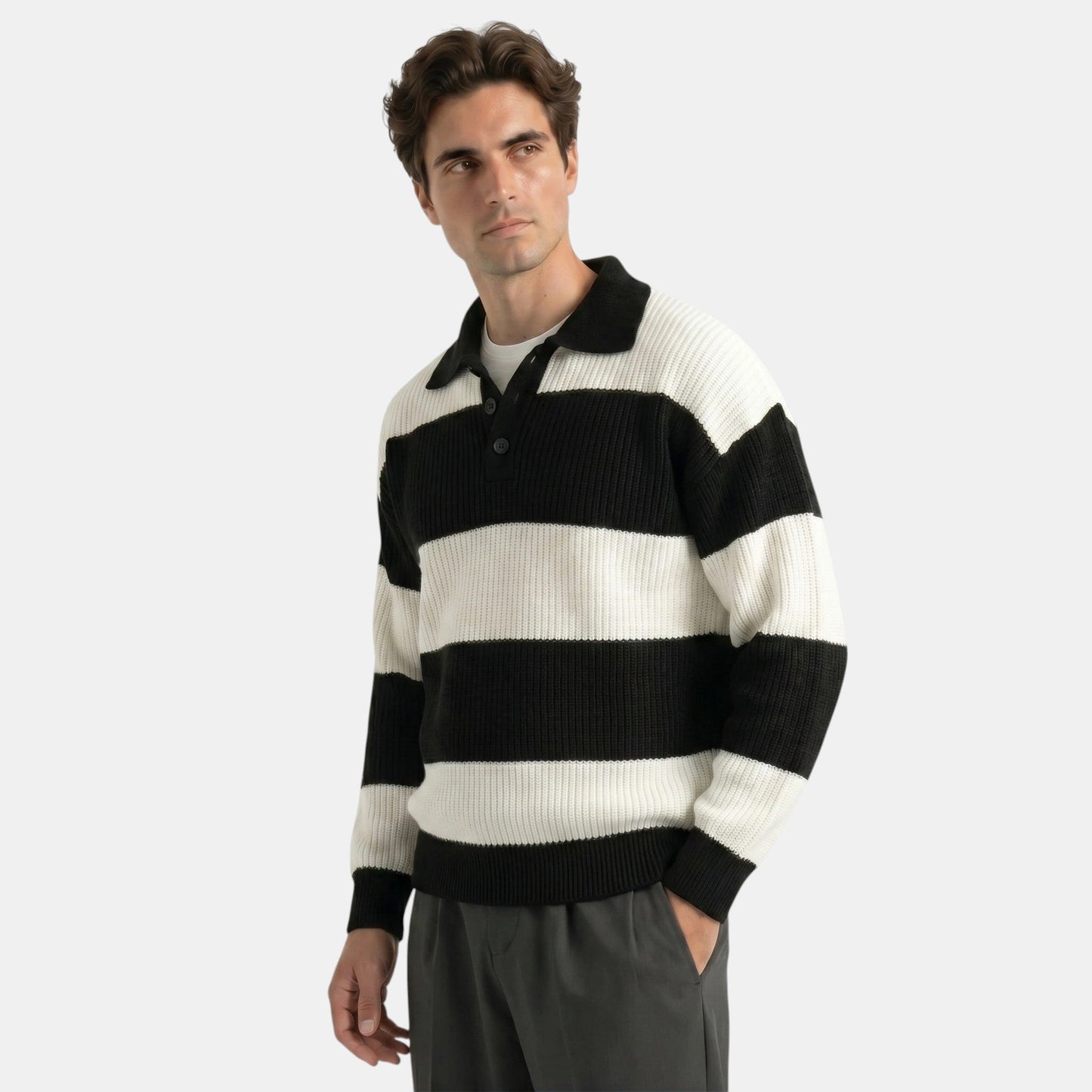 Men's Striped Knit Polo Sweater Loose Fit Collared Ribbed Knitted Casual Smart-Casual Layering Everyday Rafael