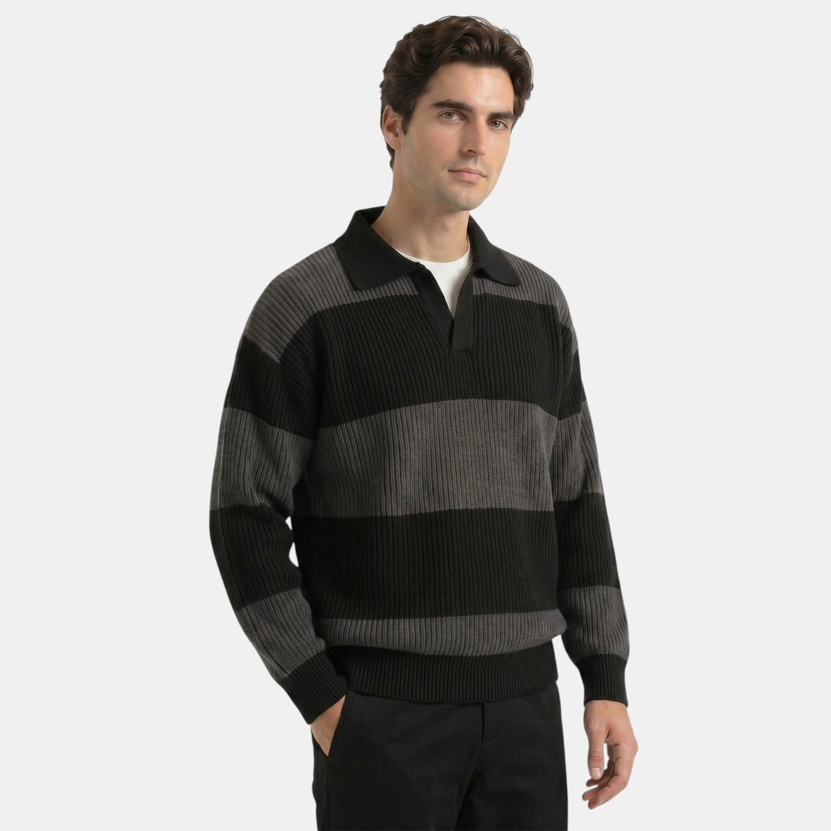 Men's Striped Knit Polo Sweater Loose Fit Collared Ribbed Knitted Casual Smart-Casual Layering Everyday Rafael