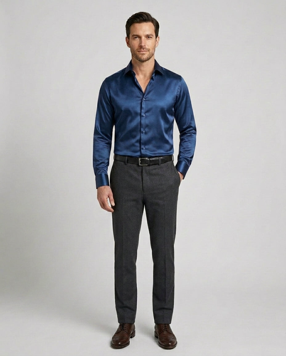 Men's Classic Shirt Button-Up Collared Casual Smart-Casual Office Everyday Relaxed Fit Versatile Long-Sleeve Ashford - Blue Front [Lystr 6a7b67483baee8929018d0f5:blue:front]