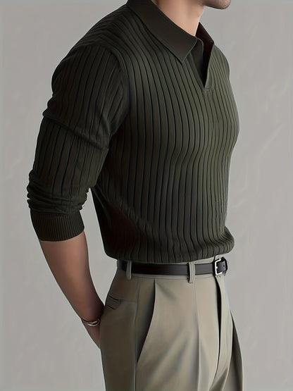 Men's Ribbed Knit Shirt Long Sleeve Collared Casual Everyday Wear