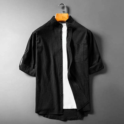Men's Linen Shirt Short-Sleeve Roll-Sleeve Button-Up Collared Breathable Holiday Beach Casual Marcus