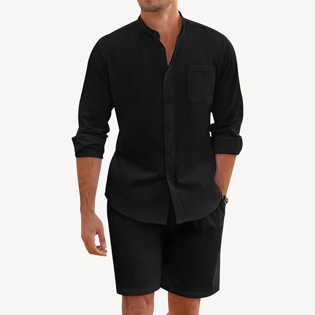 Men's Shirt & Shorts Set Two-Piece Long-Sleeve Matching Casual Everyday Holiday Outfit Co-Ord Relaxed Grady