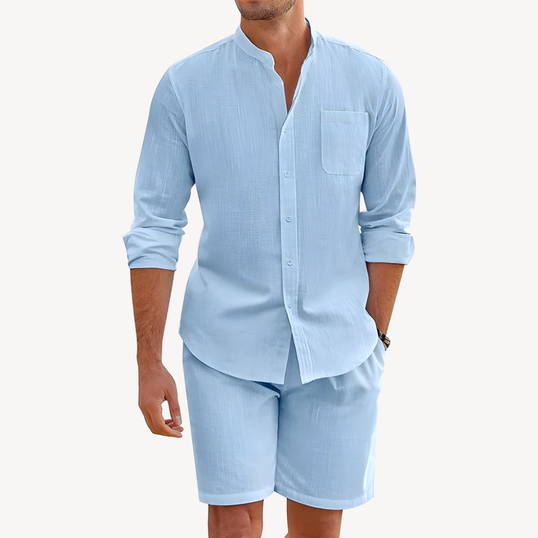 Men's Shirt & Shorts Set Two-Piece Long-Sleeve Matching Casual Everyday Holiday Outfit Co-Ord Relaxed Grady