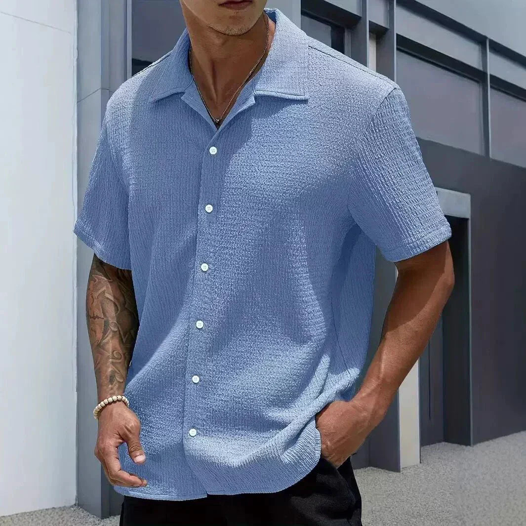 Men's Textured Shirt Cuban Collar Short-Sleeve Button Placket Casual Holiday Beach Smart-Casual Everyday Emerson
