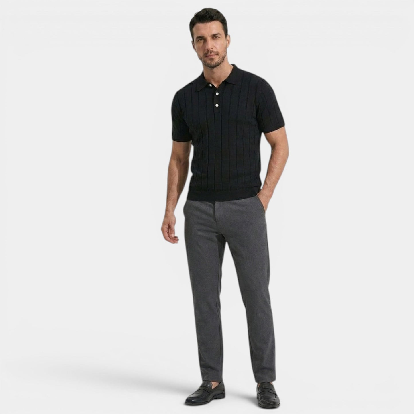 Men's Knitted Polo Shirt Slim Fit Short-Sleeve Collared Ribbed Casual Smart-Casual Everyday Golf Elliot