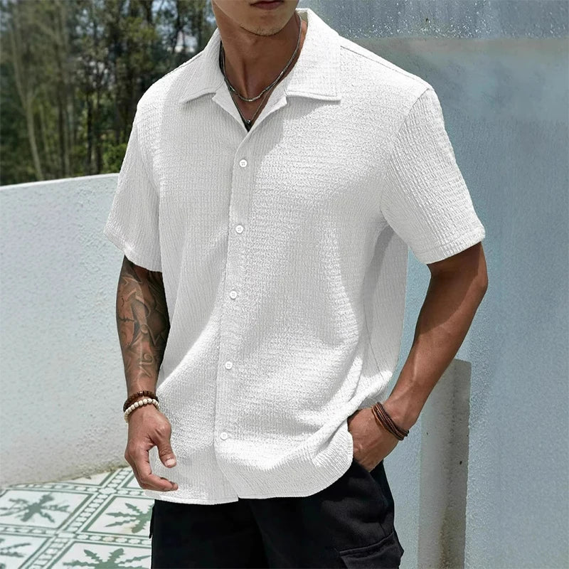 Men's Textured Shirt Cuban Collar Short-Sleeve Button Placket Casual Holiday Beach Smart-Casual Everyday Emerson