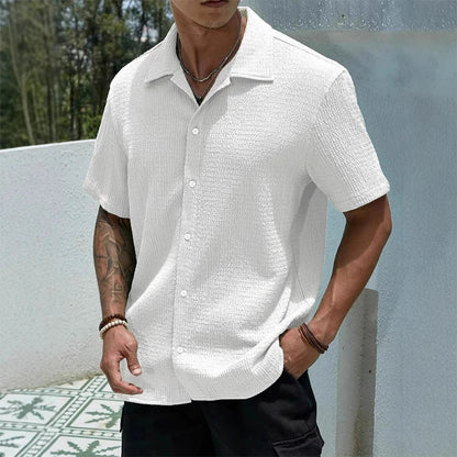 Men's Textured Shirt Cuban Collar Short-Sleeve Button Placket Casual Holiday Beach Smart-Casual Everyday Emerson