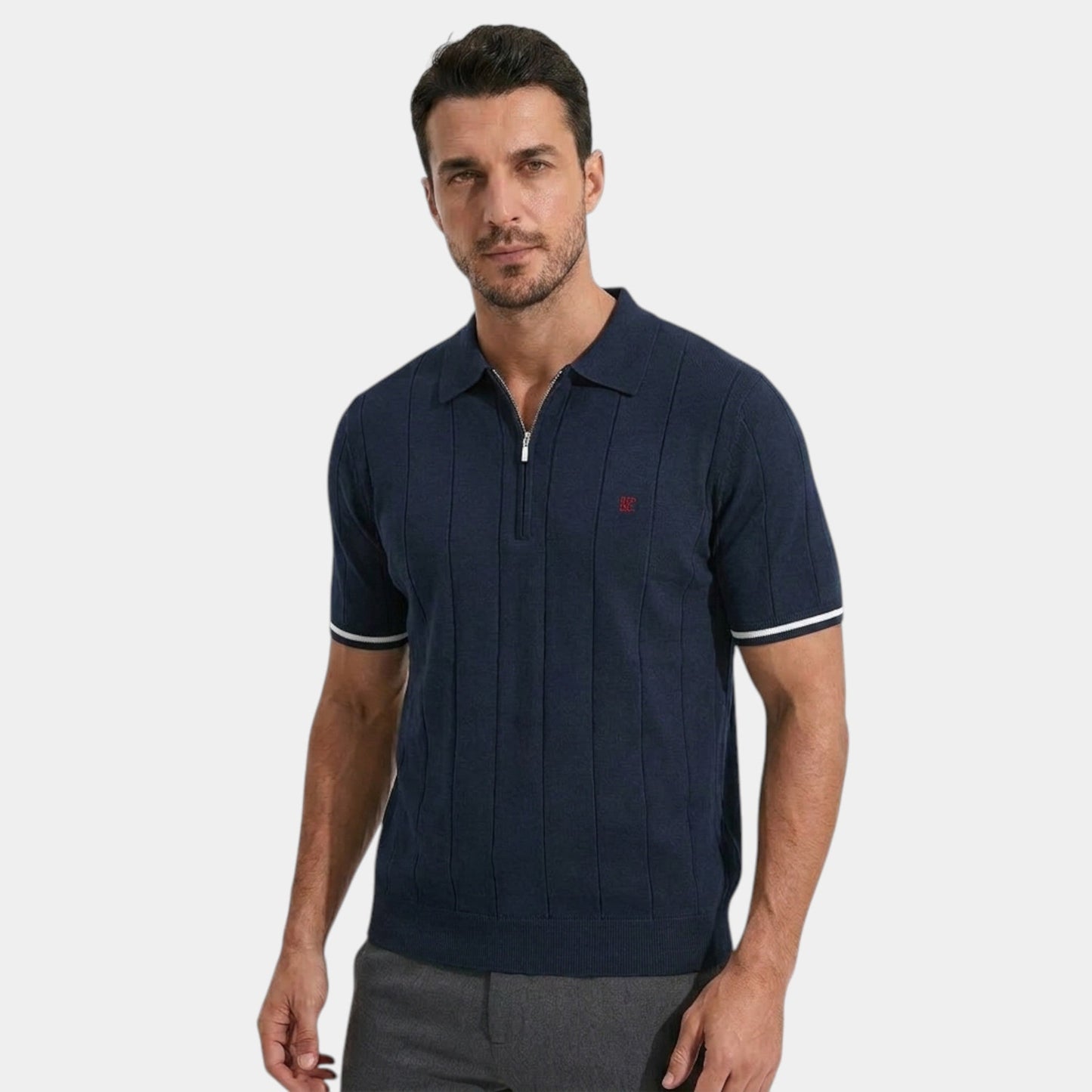 Men's Ribbed Knit Polo Shirt Short-Sleeve Collared Slim Fit Textured Casual Smart-Casual Everyday Cormac