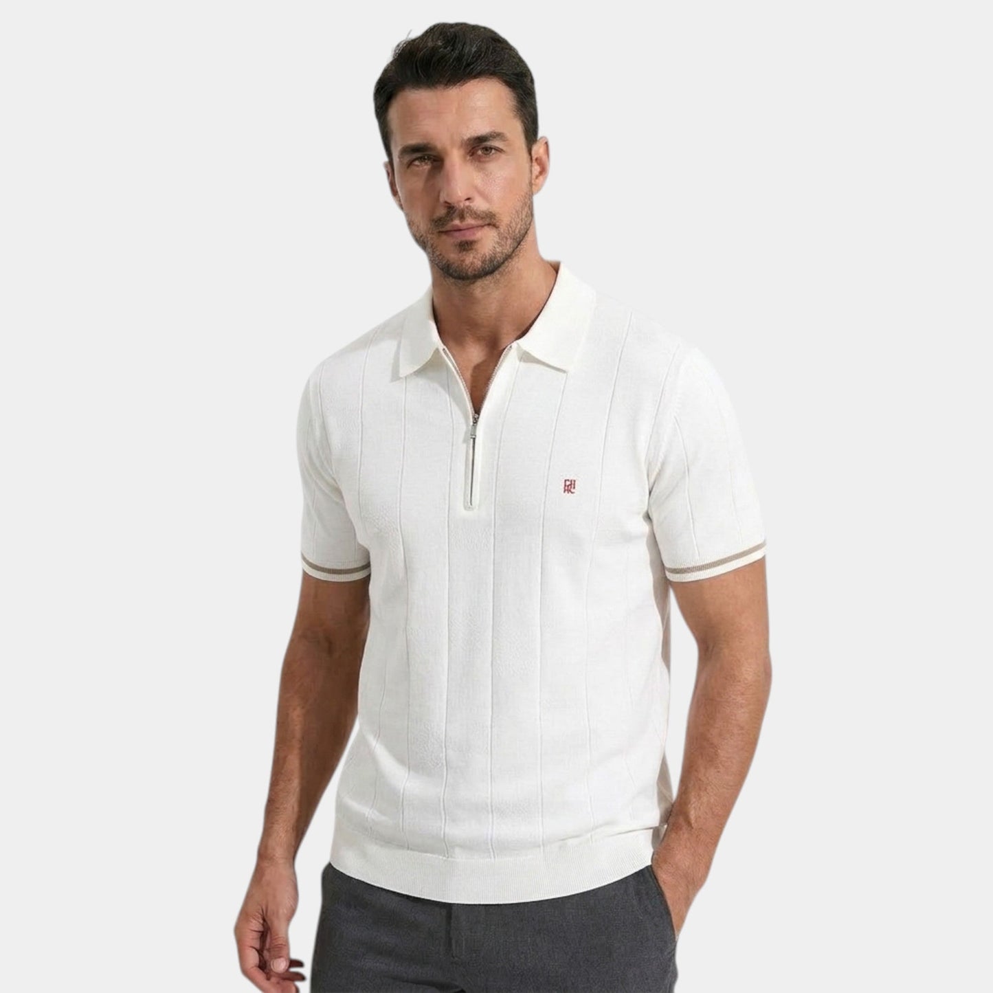 Men's Ribbed Knit Polo Shirt Short-Sleeve Collared Slim Fit Textured Casual Smart-Casual Everyday Cormac